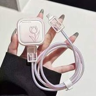 5pcs Pink Tulip Line Print Charger & Data Cable TPU Protective Case, Compatible With Apple 17W 40W F