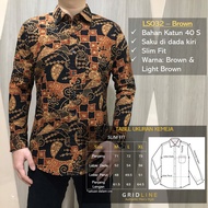 [GRIDLINE - LS032 Light Brown & Brown] Kemeja Batik Pria Katun Lengan Panjang SlimFit