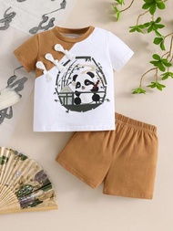 嬰幼兒男童萌熊紋唐裝套裝,配圓形扣