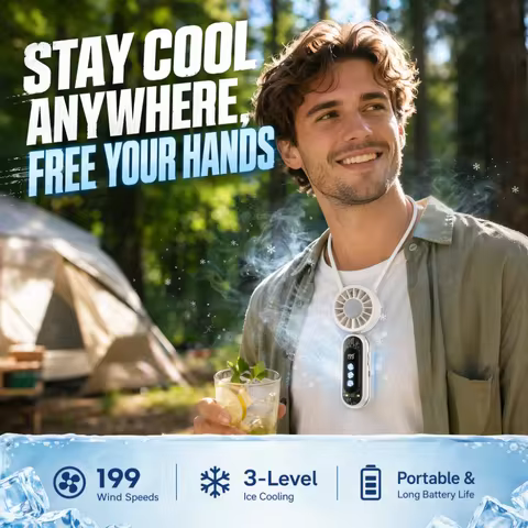 Neck Hanging Handheld Fan 3000mAh Rechargeable 199 Speed Powerful Wind 3 Wind Modes Ice Compress LED
