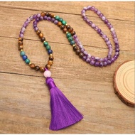 Natural Amethysts Tassel Long Necklace Bohemian Tiger's Eye Stone Bracelet Yoga Meditation Jewelry 108 Mala Buddha Beads Pendant