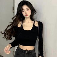 Aiyiyiyi Knitwear Short Top Sweater Sexy Black Long-Sleeved Lowing Shirt Design Feel Hollow Slim-Fit