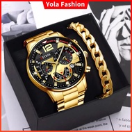 【Watch+Bracelet】DEYROS Stainless Steel Men Watches with Date Calendar