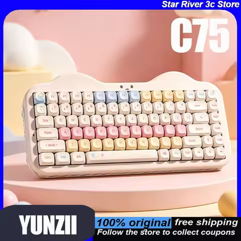 YUNZII C75 Keyboard,Triple Mode Wireless 75% Creamy Hot Swappable RGB Keyboard Gasket Cute Cake Desi