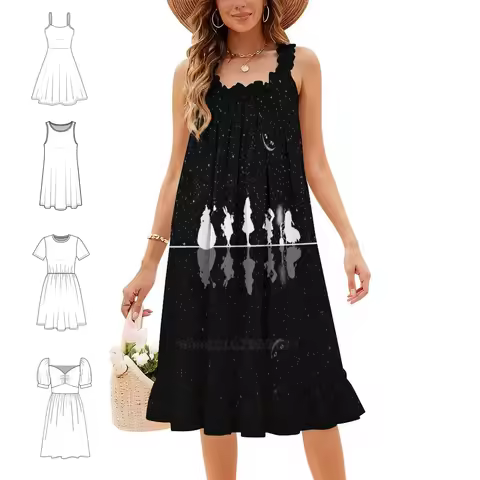 Starry Night Vintage Bohemian Dress Puff Sleeve Or Sleeveless Options For Women Dress Alice In Cat C