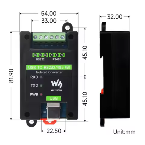 Waveshare Din Rail USB to RS232/485 Industrial Grade Isolated Converter FT232RNL Support Wall-Mount 