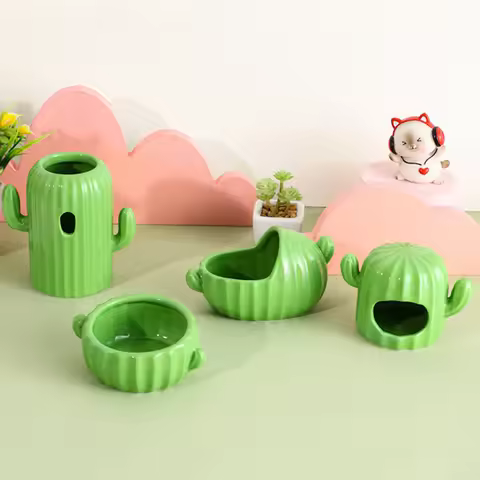 Ceramic Pet Nest Hamster Food Bowl Bath Tub Cactus Water Bottle Holder Food Splashing Gerbil Chinchi