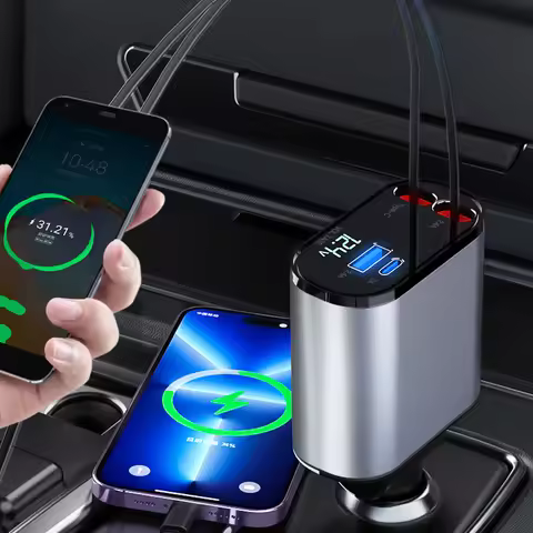 Retractable Car Charger, 4 in 1 Fast Charging Car Charger 100W, Retractable Cable and 2 USB Ports Ca