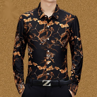 เสื้อเชิ้ตพิมพ์ลายมังกรเสื้อเชิ้ตแขนยาวใส่ทำงานอเนกประสงค์เสื้อเสื้อผ้าไหมน้ำแข็งระดับไฮเอนด์