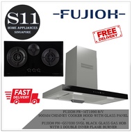 FUJIOH FR-MT1990 R/V  900MM CHIMNEY COOKER HOOD WITH GLASS PANEL  +  FUJIOH FH-GS7030 SVGL BLACK GLASS GAS HOB WITH  1 DOUBLE INNER FLAME BURNER  BUNDLE DEAL