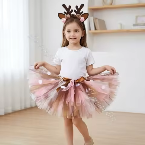 Christmas Reindeer Skirt & Headband Set Deer Antler Costume Kit with Polka Dot Tulle Skirt Brown & P