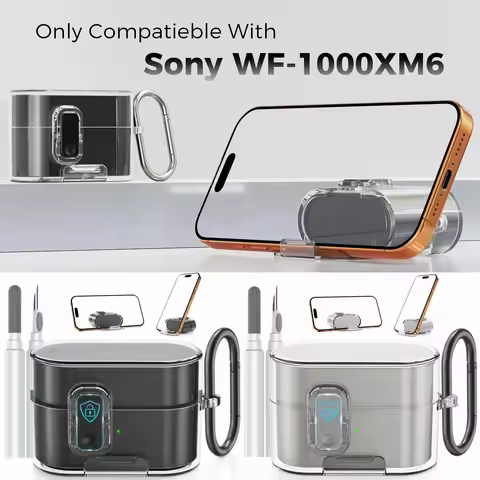 for Sony WF-1000XM6 Case Accessories with Secure Lock & Phone Stand TPU Clear Protective Cover with 
