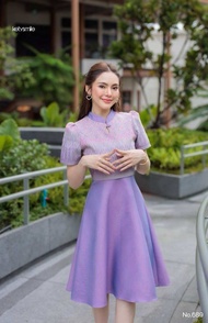 ชุดเดรสผ้าทอลาย คอจีน กระโปรงบานทรงย้วย 8 ชิ้น พร้อมส่ง S-3Xl !! N689