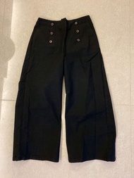 韓國ELTOO &amp; SUAN 黑色/卡其邊3釦寬管褲 後鬆緊腰 8分褲