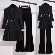 【Shopane】Women Leisure Suit Korean Style Plus Size Double Button Blazer Coat + Pants Set Fashion Casual Business Formal Suit Professional Career Officewear Woking Outfit