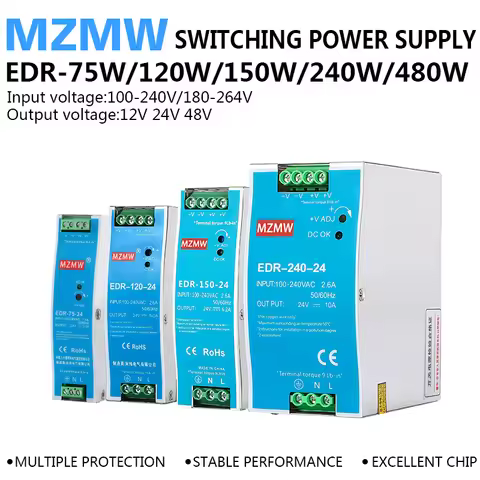EDR-75W 120W 150W 240W 480W DIN Rail Switching Power Supply 12V 24V 100-240v AC To DC Industrial Tra