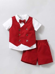 SHEIN 男小童紅色和白色撞色學院風紳士調低翻領常規袖三件套套裝適合夏天派對