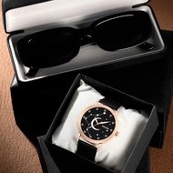 ชุดนาฬิกาแฟชั่นผู้หญิงแว่นตาสายหนังนาฬิกาควอตซ์หน้าปัดท้องฟ้าดาวนาฬิกาชุด montre Femme