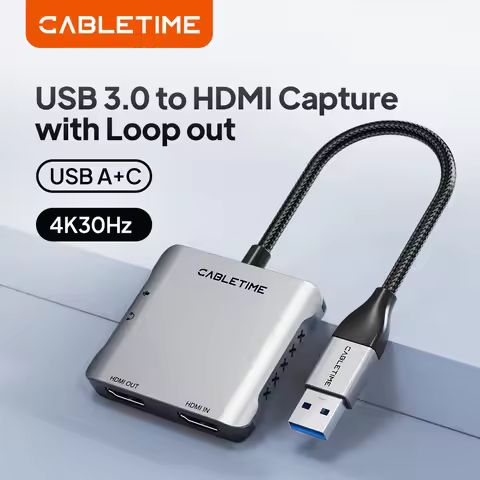 CABLETIME 4K@30Hz USB 3.0 Video Capture Card to HDMI Capture with Loop Out for USB Gaming PS5 Switch