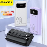 Awei P169K/P168K 20000mAh/10000mAh 22.5W Fast Charging Power bank Built in Type c lighting Cable USB output 20W PowerBank Digital Display Super Charging External Battery Type C input QC3.0 Quick Charge Compatible for iPhone Samsung