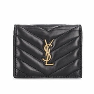 【YSL】SAINT LAURENT Cassandre 小羊皮 翻蓋 短夾 卡夾 零錢包 皮夾 短夾 黑色 金色