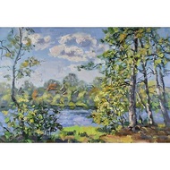 用湖画画 山水画 Lake Tree Painting Island 油畫原作 Landscape Original Art Nature Artwork