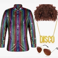 Men 70s 80s Disco Outfit Costume Set Sequin Shirt for Halloween Mardi Gras 60s 90s Party