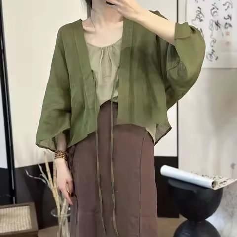 2025 summer high-end advanced sense thin cotton linen cardigan pure color lacing sunscreen cardigan 