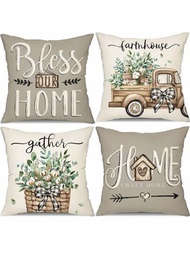 4入組農舍風四季枕套,以桉樹葉,裝飾卡車,sweet Home等圖案為特色,亞麻抱枕套,用於家居裝飾禮物,枕芯不包括