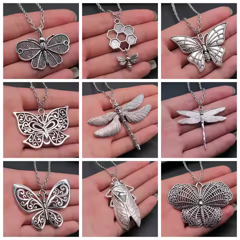 New Fashion Antique Silver Color Flying Animal Insect Necklace Butterfly Dragonfly Bee Cicada Pendan