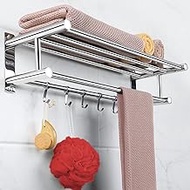 LELUXE Bathroom Towel Rack Shelves - SUS304 Stainless Steel Rustproof with Double Towel Bar &amp; 5 Hooks, Shower Room Organizer, Shelf Holder, Bathroom Storage for Towels, Bathrobes, Shower Caddy, Brush