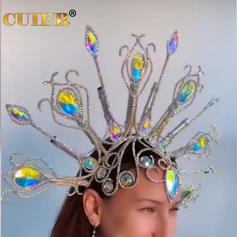 CUIER Huge Size Peacock Rhinestone Headpiece Hair Jewelry for Women Crystal Hat Accessories for Fash