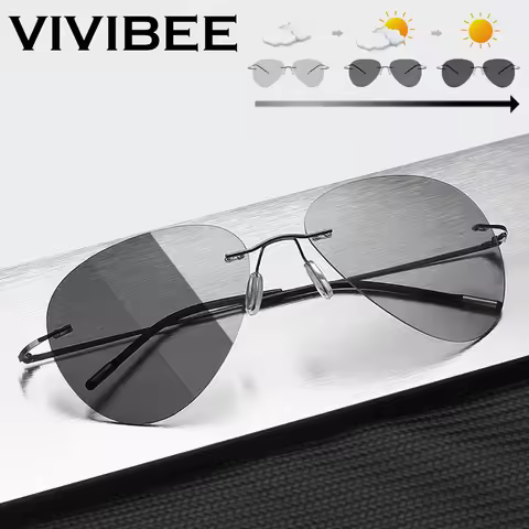 VIVIBEE Polarized Photochromic Men Pilot Sunglasses Women Aviation Titanium Sun Glasses 52mm Light w
