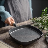 Small Happiness Cast Iron Wooden Handle Frying Pan Striped Steak Pan Household Cast Iron Pan Thickened Pure Pig Iron Non-Stick Pan/Frying Pan Steak Cooking Pan