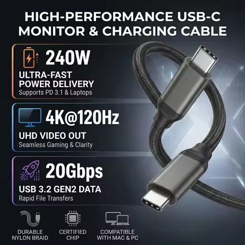 20Gbps USB C Monitor Display Cable USB3.2 Gen2x2 4K@120Hz 240W PD Charging Data Transfer Video Cable