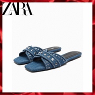 [2023 new] ZARA new women's shoes, denim flat slippers with rivet decoration