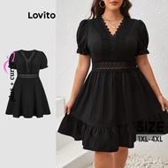 Lovito Plus Size Curve Dress Elegant Plain Lace Dress for Women LBL19816