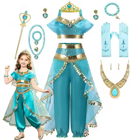 New Aladdin Jasmine Princess Cosplay Dress Set Girls Kids Birthday Party Halloween Carnival Outfit