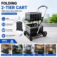 Foldable 2-Tier Shopping Trolley Cart 90kg Heavy Duty Hand Truck for Grocery Luggage & Storage