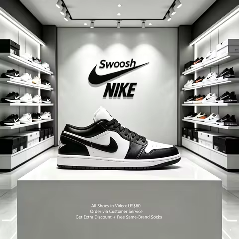 NIKE AJ1 Air Jordan 1 Black and White Panda Low Top Trendy Versatile Retro Sneakers Basketball Shoes