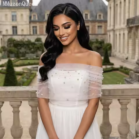 TOPQUEEN Bridal Pearl Shawl Chiffon Short Jacket Bag Capa De Novia Boda Bolerocape Mariage Blanche B