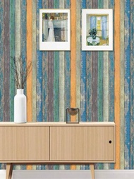 仿木紋自粘壁紙藍綠黃條紋,適用於牆壁、書架、抽屜、家具房間