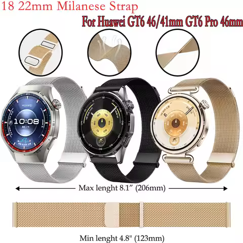 18 22mm Strap for Huawei GT6/6 Pro 46mm GT6 5 4 41mm Universal Milanese Adjustable Replacement Wrist