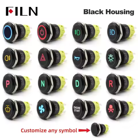 FILN Warning LED 12V 19mm Indicator Light Panel Metal Push Button Switch Lock and Momentary on Off w