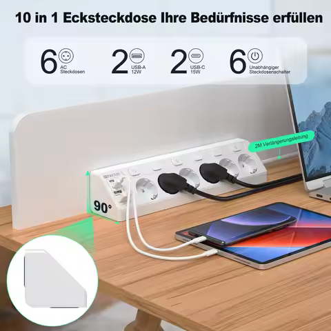 EU 6AC Outlet Corner Power Strip, 2USB 2Type-C Quick Charge Hub, 2M Long Cable Surge Protector for D