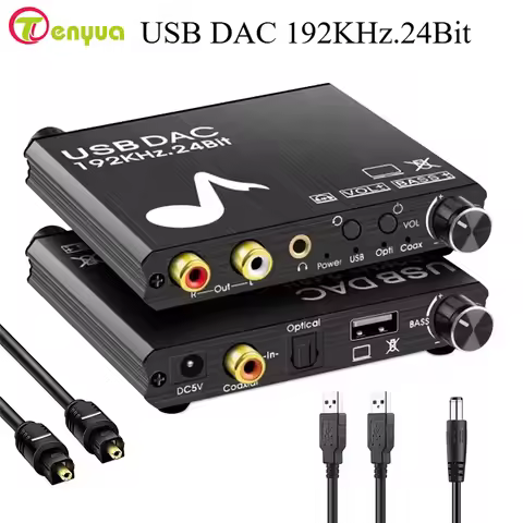 USB DAC 192kHz 24Bit Digital to Analog Converter with Bass&Volume Control Coaxial Toslink Stereo L/R