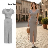 (trendy2)Lovito Casual Dress Plain Split Front Dress for Women L108ED610
