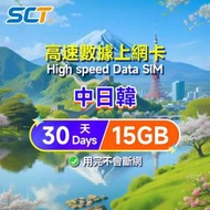 15GB30日中日韓三國通用【中國内地、日本、韓國】数據上網卡 5G/4G LTE 上網卡 旅遊卡 外遊数據卡 储值漫遊 電話卡 sim咭