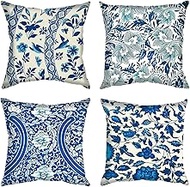 Cushion Covers, 65x65cm Set of 4, Blue and White Soft Velvet Throw Pillow Cases 26x26in, Square Sofa Cushion Cover with Invisible Zipper for Couch Bed Car Bedroom Home Decor