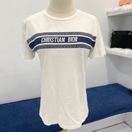 (Pre-loved) Dior White and Navy Blue Cotton Jersey T-shirt Sz S